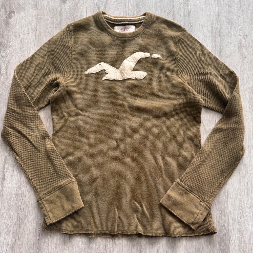 Y2K Hollister Mens Thermal Shirt Large Olive Brown Waffle Knit logo longsleeve
